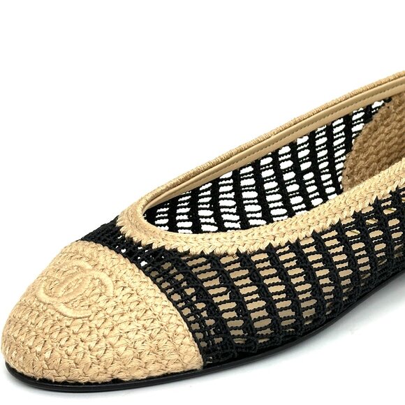 CHANEL 25P CC Raffia Crochet Woven Two Tone Cap Toe Ballerina Ballet Flat Shoes - Picture 4 of 15